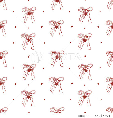 Seamless girly Valentines Day pattern with ribbon bows and hearts. Vintage background with wedding accessories. Vector retro flat illustration of red icons on a white background Seamless girly Valentines Day pattern with ribbon bows and hearts. Vintage background with wedding accessories. Vector retro flat illustration of red icons on a white background 134016294