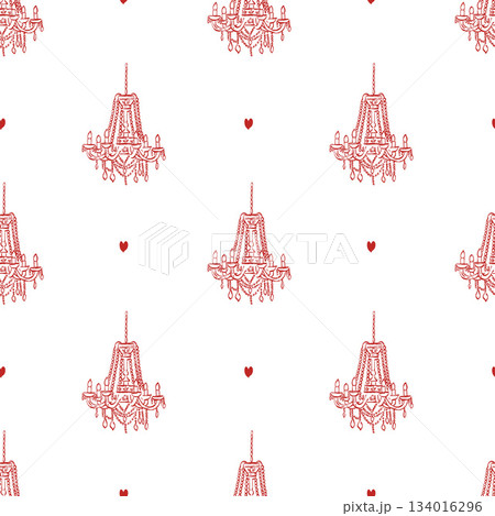Elegant vintage red seamless pattern with hand drawn vintage chandelier and hearts, antique candelabra. Red icons on white background. Vector background for holiday, Valentines Day, wedding, birthday Elegant vintage red seamless pattern with hand drawn vintage chandelier and hearts, antique candelabra. Red icons on white background. Vector background for holiday, Valentines Day, wedding, birthday 134016296