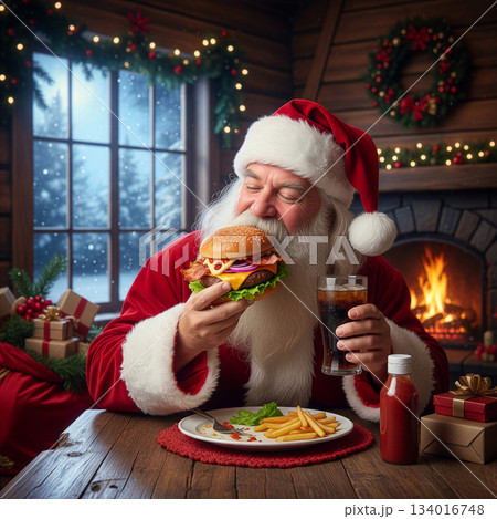 ハンバーガーを食べるサンタクロース 134016748