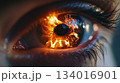 hot eye reflection close up, fire in iris 134016901