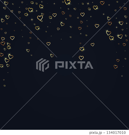 Flying hearts for valentine's day. Gold hearts scattered on black background. Beautiful flying hearts vector illustration. 134017010