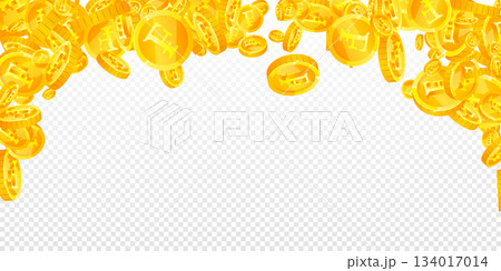 Swiss franc coins falling. Gold scattered CHF coins. Switzerland money. Great business success concept. Wide vector illustration. Swiss franc coins falling. Gold scattered CHF coins. Switzerland money. Great business success concept. Wide vector illustration. 134017014