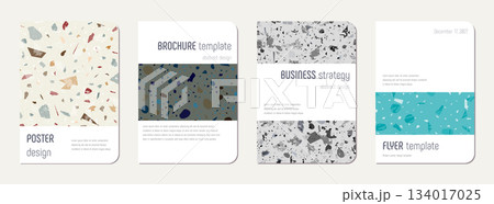 Brochure cover design. Terrazzo abstract background made of natural stones, granite, quartz and marble. Venetian terrazzo texture brochure template. Brochure cover design. Terrazzo abstract background made of natural stones, granite, quartz and marble. Venetian terrazzo texture brochure template. 134017025