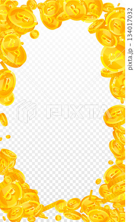Bitcoin coins falling. Cryptocurrency scattered gold BTC coins. Internet currency. Great business success concept. Vector illustration. Bitcoin coins falling. Cryptocurrency scattered gold BTC coins. Internet currency. Great business success concept. Vector illustration. 134017032