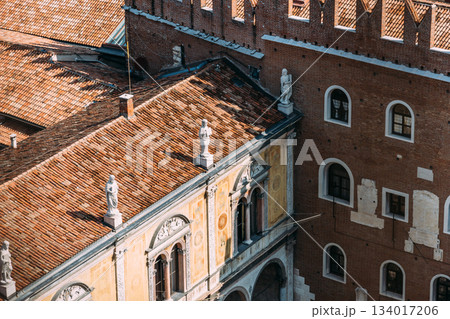 Aerial view of the rooftops in Verona, Italy, showcasing traditional architecture. 134017206