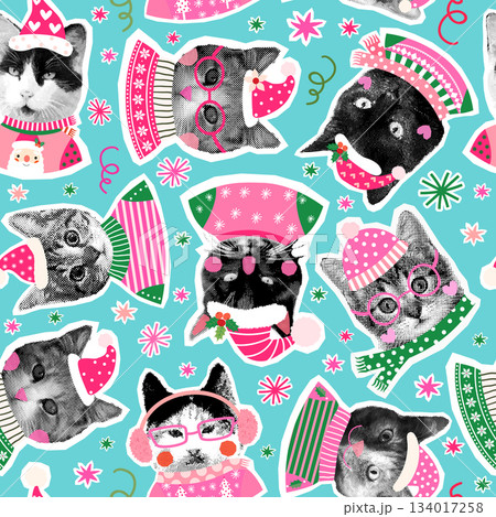 Funny Cats with Ugly Christmas Sweaters Vector Seamless Pattern, Animals with Santa Hats Background for Wrapping Paper and Holiday Designs 134017258