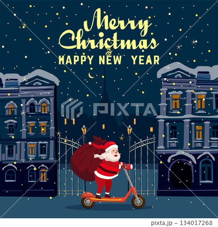 Merry Christmas Santa Claus on the scooter delivering gifts night winter old city 134017268