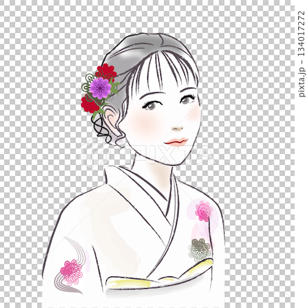 A woman in a furisode kimono looking up diagonally 134017272