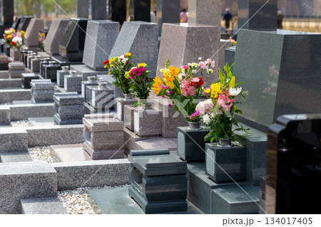 日本の霊園に建ち並ぶ墓石の風景。お供えされたカラフルな仏花。 日本の霊園に建ち並ぶ墓石の風景。お供えされたカラフルな仏花。 134017405