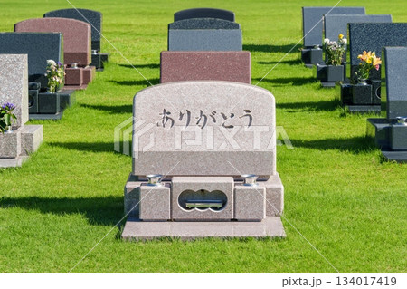 「ありがとう」の文字が彫刻された洋型墓石。日本の芝生墓地の霊園の風景。 「ありがとう」の文字が彫刻された洋型墓石。日本の芝生墓地の霊園の風景。 134017419
