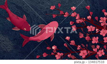 紺色の渦巻き模様の背景を泳ぐ二匹の赤い魚と梅の花を描いた幻想的なイラスト 134017510