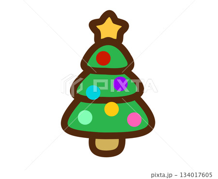 Cartoon Christmas tree with colorful ornaments and a golden star on top Cartoon Christmas tree with colorful ornaments and a golden star on top 134017605