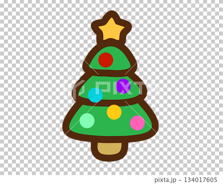 Cartoon Christmas tree with colorful ornaments and a golden star on top Cartoon Christmas tree with colorful ornaments and a golden star on top 134017605