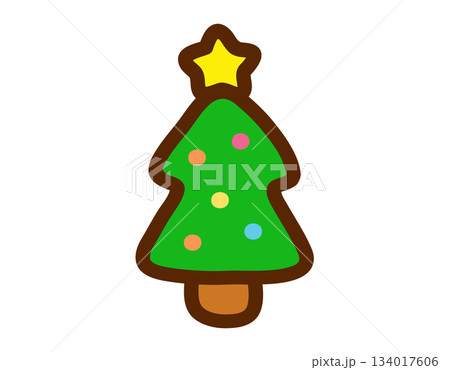 Cartoon Christmas tree with colorful ornaments and a golden star on top 134017606