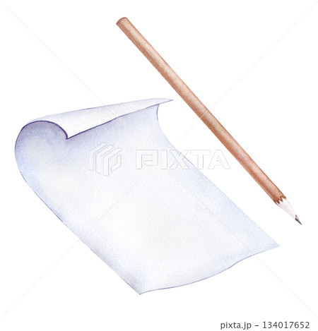 A white sheet of paper and a sharp pencil on an isolated background. Watercolor illustration of materials for the work of a writer and an artist. Realistic clipart. 134017652