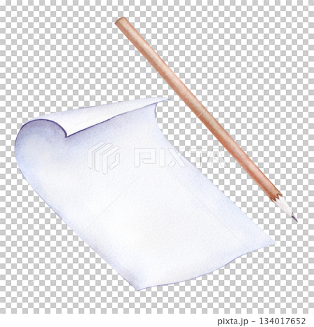 A white sheet of paper and a sharp pencil on an isolated background. Watercolor illustration of materials for the work of a writer and an artist. Realistic clipart. 134017652