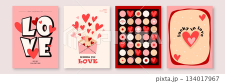 Love background set vector illustration. Happy Valentines Day cards with hearts, typography greeting text, romantic geometric retro pattern. Invitation abstract design in minimal art modern style 134017967