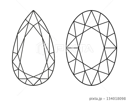 Pear and Oval diamond cut shape set. Diamond top view. Oval and Pear brilliant cut minimalist icons. Gemstone outline pattern for jewellery design, branding, packaging, logotype. Design flat diagram. Pear and Oval diamond cut shape set. Diamond top view. Oval and Pear brilliant cut minimalist icons. Gemstone outline pattern for jewellery design, branding, packaging, logotype. Design flat diagram. 134018098
