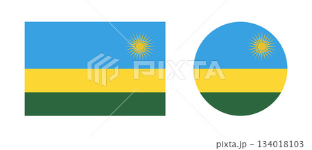 National Rwanda flag rectangular, round flat button, badge, icon collection. Set of Flags of Rwanda in rectangle, circle shape. 134018103