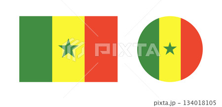 Senegal Flag icons. National Senegal flag round, rectangular badges. Flag of Senegal circle, rectangle button. Set of flag backgrounds. Standard color. 134018105