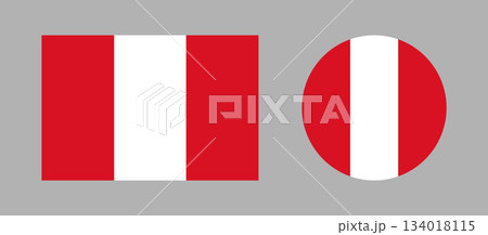 Civil rectangular, round flags of Peru. Peru flag circle, rectangle ensigns set. Flag of Peru flat backdrops. Flag buttons. 134018115