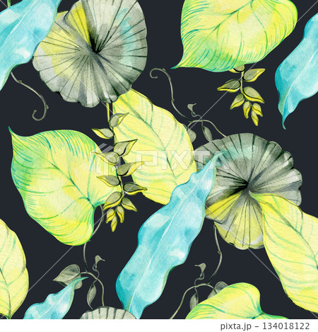 Watercolor tropical seamless pattern with vibrant leaves in soft green, turquoise, and yellow shades. Artistic foliage elements create a fresh botanical design perfect for textiles, wallpapers 134018122