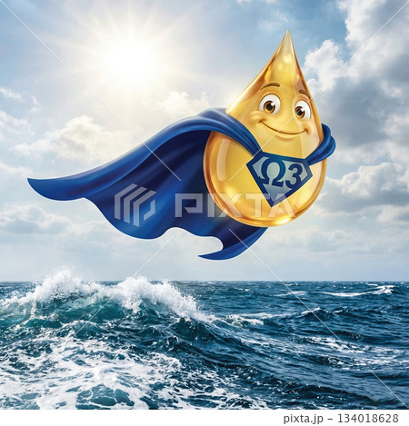 Playful illustration of an omega 3 supplement droplet as a superhero flying above the ocean, symbolizing strength, heart health, energy, and nutritional power. High quality photo 134018628