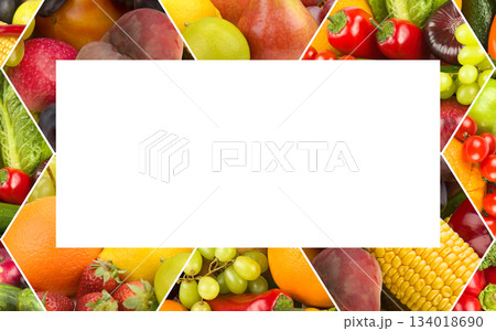 Vibrant Fruit and Vegetable Collage Frame with Central Copy Space 134018690