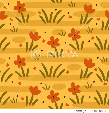 Vector seamless floral pattern. Soft small orange flowers on yellow background Vector seamless floral pattern. Soft small orange flowers on yellow background 134018804