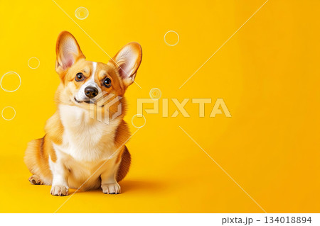Adorable corgi dog sitting on vibrant yellow background with playful bubbles, showcasing its charming expression and fluffy coat, perfect for pet lovers and animal enthusiasts 134018894