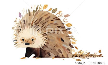 Watercolor illustration of a cute hedgehog surrounded by autumn leaves, showcasing its quills and playful demeanor in a whimsical natural setting Watercolor illustration of a cute hedgehog surrounded by autumn leaves, showcasing its quills and playful demeanor in a whimsical natural setting 134018895