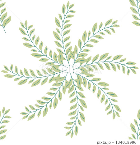 Seamless pattern of botanical leaves, silhouettes of natural ornaments. Simple floral pattern. Vector illustration in two colors. 134018996