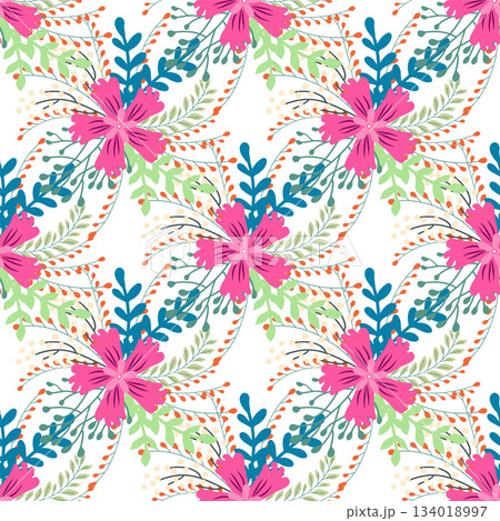 Vintage Decorative seamless pattern in classic style with small flowers, ditsy. Light silhouettes of flowers, two-color ornament in pastel colors 134018997