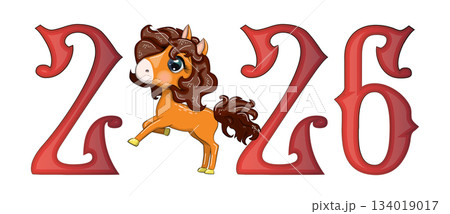 A banner for Chinese New Year 2026, combining an image of a horse and the number 2026, done in a cartoon style 134019017