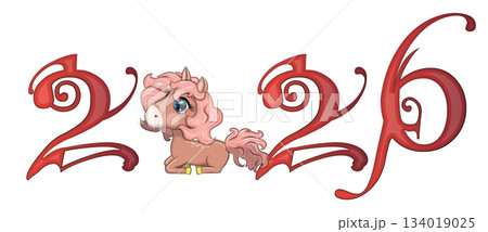 A banner for Chinese New Year 2026, combining an image of a horse and the number 2026, done in a cartoon style 134019025
