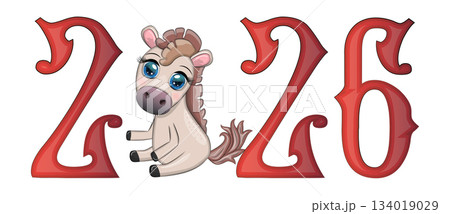 A banner for Chinese New Year 2026, combining an image of a horse and the number 2026, done in a cartoon style 134019029