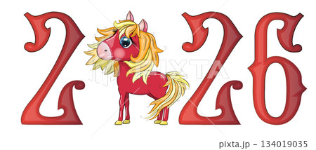 A banner for Chinese New Year 2026, combining an image of a horse and the number 2026, done in a cartoon style 134019035