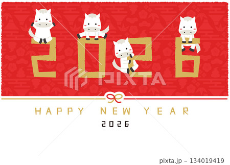 2026年賀状 Happy new year 水引き 横 金の2026と白馬 背景赤 2026年賀状 Happy new year 水引き 横 金の2026と白馬 背景赤 134019419