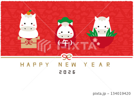 2026年賀状 Happy new year 水引き　3つの縁起物　背景赤 134019420
