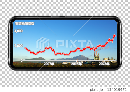 以大山和工廠的風景照片為壁紙，智慧型手機螢幕上顯示長期股價趨勢圖：透明背景素材 134019472