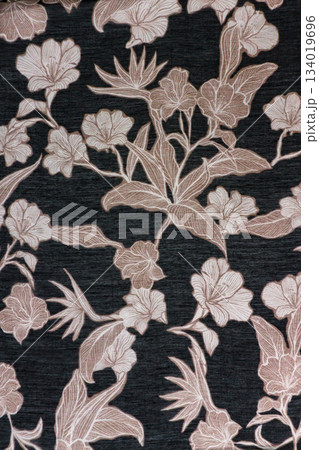 Dark Melange Fabric Texture Background with Beige Tones Floral Print 134019696