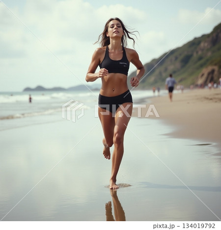 Running along the beach at sunset with waves crashing near Generative AI 134019792