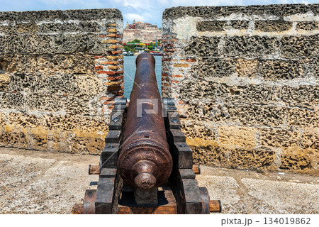 Cannon on the fortified walls of Cartagena de Indias in Colombia 134019862