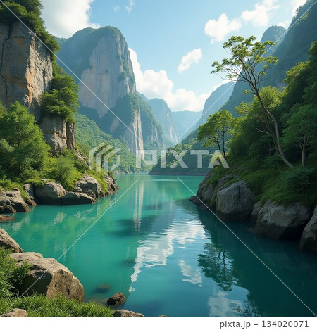 AI generated Crystalclear lake nestled among towering limestone formations and rich 134020071
