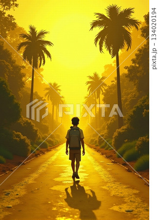 AI generated young traveler race unknown walking down golden palm road 134020194