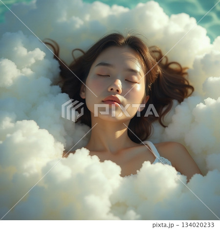Dreamy moments with a woman in soft clouds by the water Generative AI Dreamy moments with a woman in soft clouds by the water Generative AI 134020233