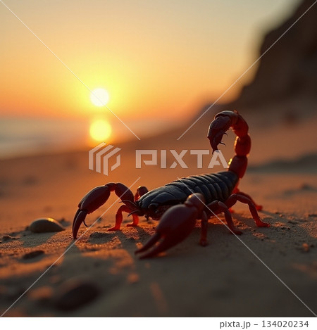 AI generated Solitary creature exploring shoreline under amber glow as waves gently crash 134020234