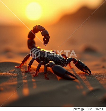 AI generated Dramatic closeup of tense scorpion against glowing sunset sand landscape 134020241
