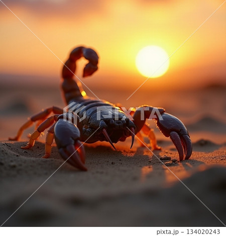 AI generated Scorpion perched on beach with sunset illuminating surroundings sharply 134020243