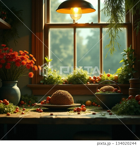 Sunlit kitchen with vibrant vegetables and rustic decor Generative AI 134020244